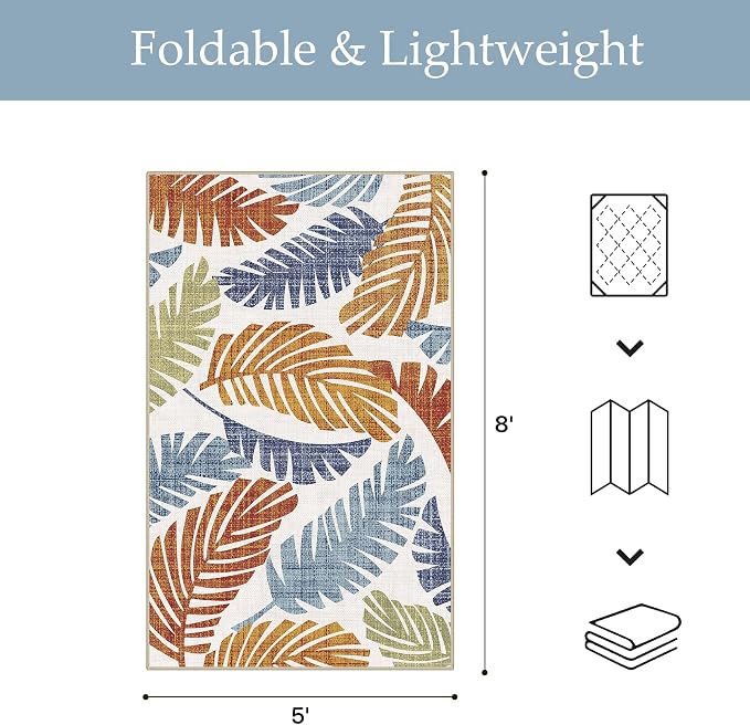 GENIMO 5x8 Outdoor Rug, Washable for Patio and Deck, Leaf Rust Navy | Botanical leaf design for porch; fade resistant chenille with quick-dry non-slip backing for indoor sunroom.