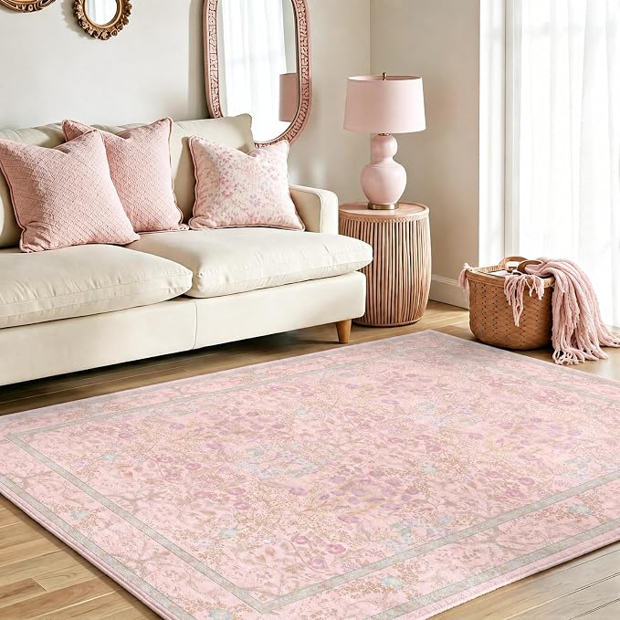 Vintage Washable Light Pink Area Rugs for Bedroom Under Bed, Living Room, Nursery, Kitchen, Entryway, Low Pile Non Slip Stain Resistance Distressed Retro Indoor (Light Pink, 4 x 6)