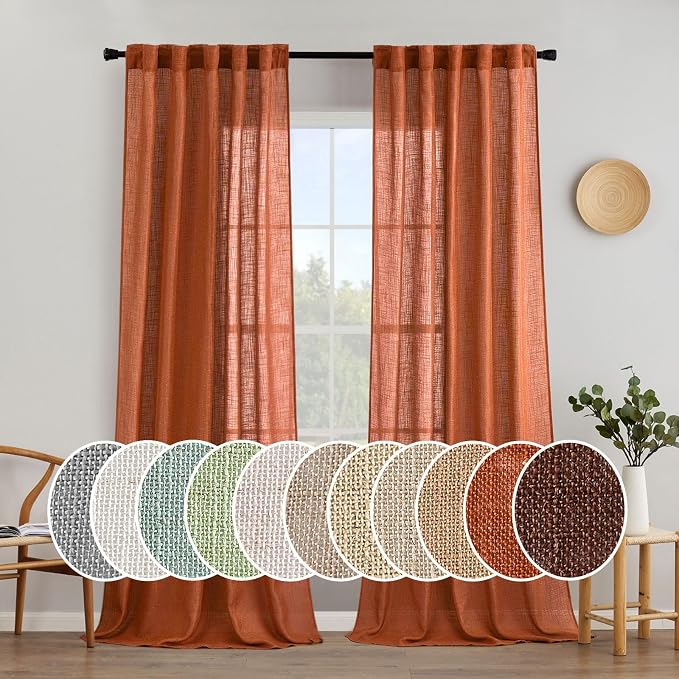 MIULEE Rust Curtains 90 Inch Length 2 Panels for Bedroom Living Room, Terracotta Soft Thick Linen Textured Window Drapes Semi Sheer Light Filtering Back Tab Rod Pocket Burlap Look Fall Decor
