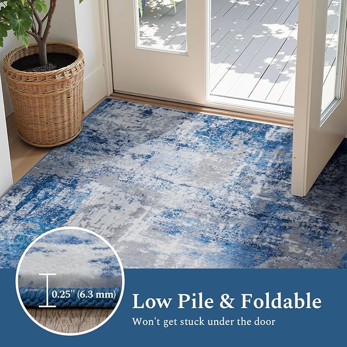Rugflix 8x10 Area Rugs for Living Room, Washable Large Rug Stain-Resistant Low Pile, Modern Dark Carpet for Dining Room Home Office Kid Room Nursery Bedroom, Blue Grey