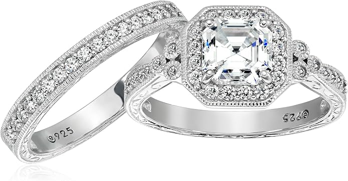 Amazon Essentials Platinum or Gold Plated Sterling Silver Antique Ring set with Asscher-Cut Infinite Elements Cubic Zirconia