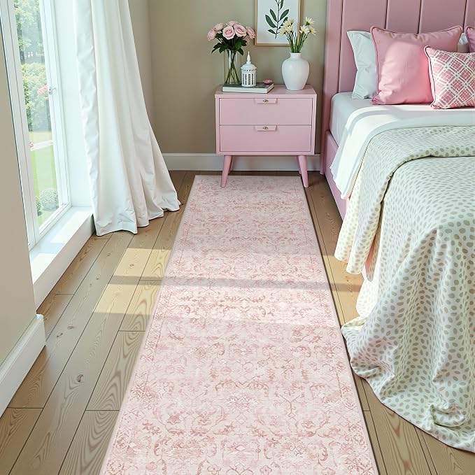 Pink 3x12 Runner Rug for Hallways Bed Side Kitchen, Boho Washable Distressed Low-Pile Floor Entryway Long Bathroom Mat, Non-Slip Laundry Room Washstand Front Carpet 36x144 Inch