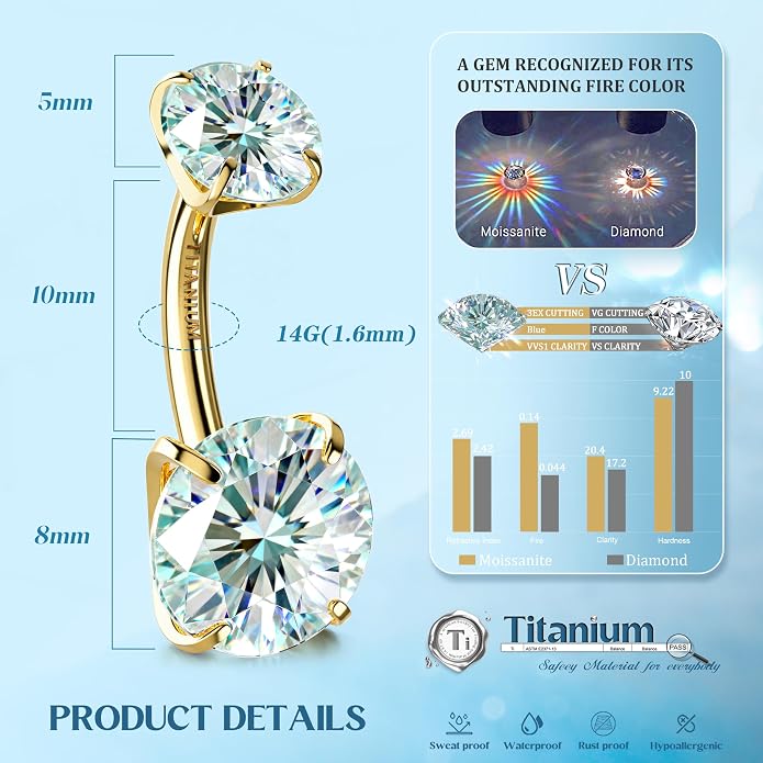 GEMQUEEN Moissanite ＆ G23 TItanium Belly Button Ring 18K Gold Plated Hypoallergenic Internally Threaded Belly Rings 14G Navel Piercing Jewelry For Women Men D Color VVS1 Clarity Brilliant Cut