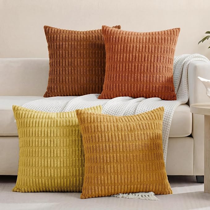 Softalker Fall Throw Pillow Covers 20x20 Inch, Set of 4, Corduroy Soft Striped Farmhouse Boho Pillow Cover, Modern Farmhouse Boho Autumn Home Decor for Living Room Bed Sofa, Orange/Rust