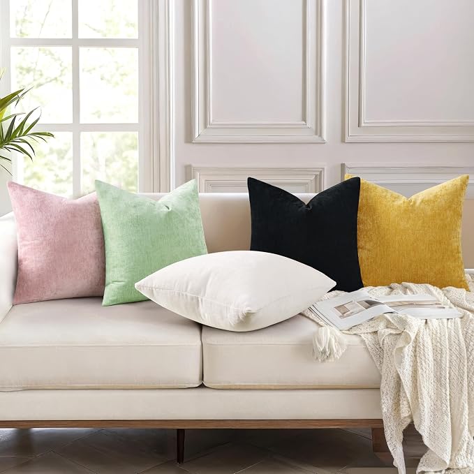 decorUhome Soft Chenille Black Throw Pillow Covers 22X22 Set of 2 | Decorative Fall Couch Pillow Covers Solid Dyed Accent Modern Euro Sham Farmhouse Neutral Square Pillow Cases for Sofa