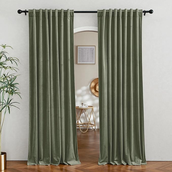 RYB HOME Sage Green Velvet Curtains for Bedroom Living Room, Thermal Insulated Privacy UV Heat Blocking Luxurious Soft Rod Pocket Back Tab Drapes for Nursery, 42" W x 63" L, 2 Panels