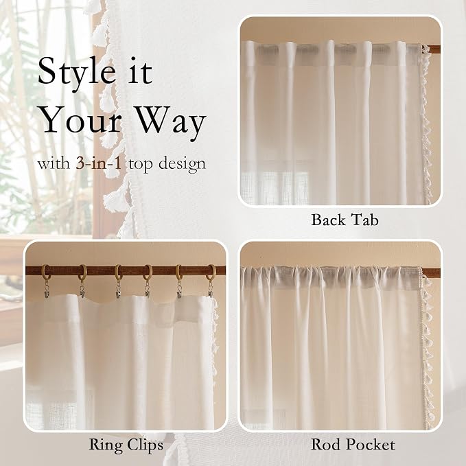 MYSKY HOME Boho Farmhouse White Long Curtains for Living Room, Light Filtering Privacy Semi Sheer Window Treatments with Tassle for Sliding Glass Door, 50" W×90" L, Pure White, Set of 2