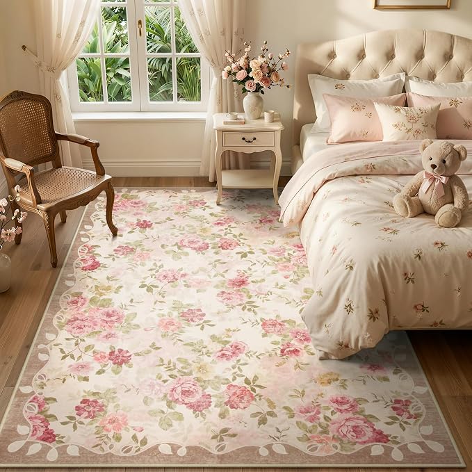 Lahome Washable Area Rug 6x9,Nursery Rug Girl Pink Dorm Rug, Vintage Girls Rugs for Bedroom Ultra-Thin Non Slip Carpet for Playroom Closet Dorm Room Decor Nina (6'X9',Beige)
