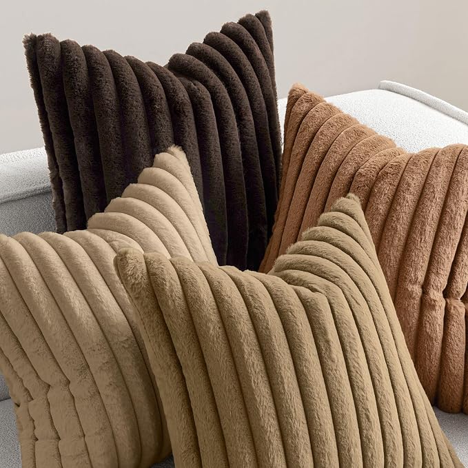 MIULEE Faux Fur Plush Decorative Throw Pillow Covers 18x18 Set of 4, Boho Fall Farmhouse Soft Fuzzy Striped Cushion Covers for Sofa Couch Bed Living Room Vintage Rustic Home Decor,Dark Brown