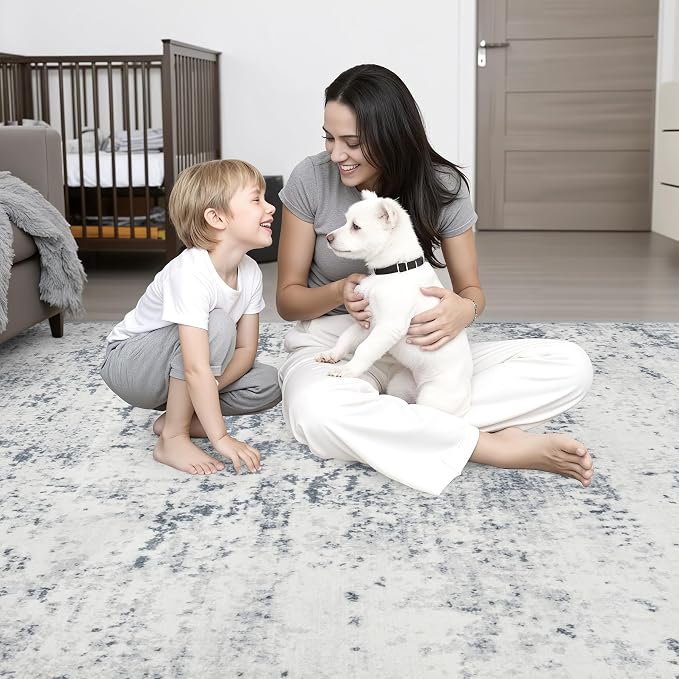 8x10 Area Rug Living Room Rug: Washable Modern Abstract Soft Thin Rug Indoor Floor No Slip Carpet for Bedroom Dining Room Farmhouse Nursery Home Office - Blue Grey