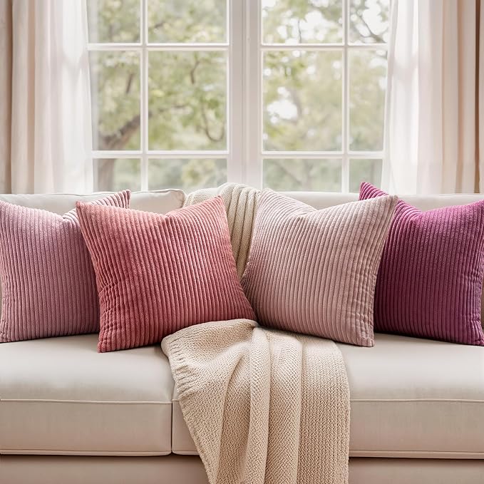 EMEMA Aesthetic Pink Decorative Throw Pillow Covers for Couch Bed Livingroom 16x16 Inch Set of 4 Cute Coquette Corduroy Boho Square Pillow Case,Western Modern Cushion Covers Home Spring Decor