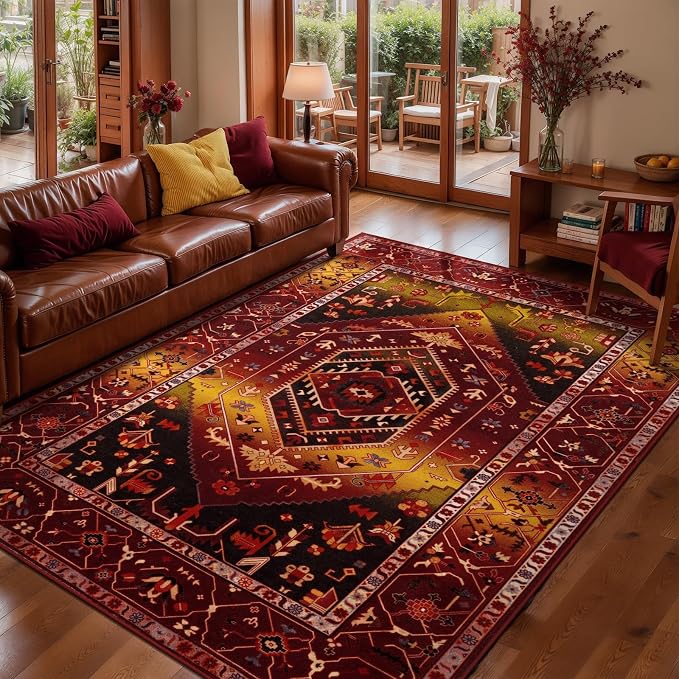 SERISSA 5x7 Boho Area Rug, Washable Non-Slip Rugs for Living Room, Large Rustic Red Gold Rug Ultra Soft Vintage Oriental Print Distressed Carpet for Bedroom Dining Room Dorm Office Home Decor