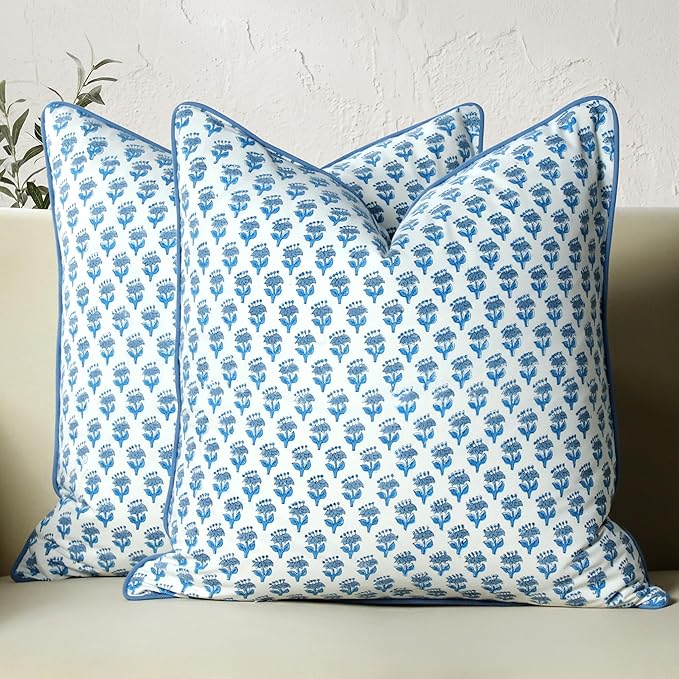 CPC 100% Cotton Throw Pillow Covers 24x24 Inch, Set of 2 Blue Block Print Pattern Couch Pillow, Cute Boho Decorative Pillows for Living Room, Bedroom with Hidden Zipper- Apatite Blue