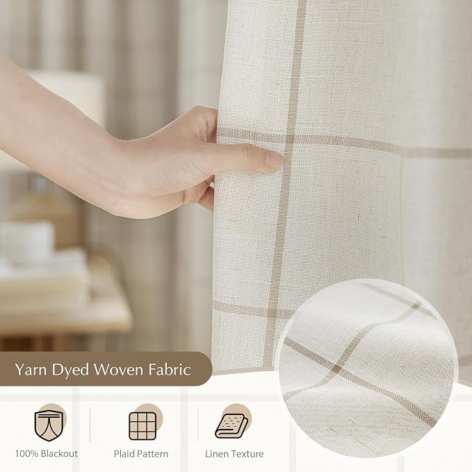 DriftAway 100% Blackout Windowpane Plaid Linen Curtains 45 Inches Taupe | Double Layer Farmhouse Drapes for Living Room Bedroom Yarn Dyed Woven Thermal Insulated Rod Pocket Back Tab 2 Panels
