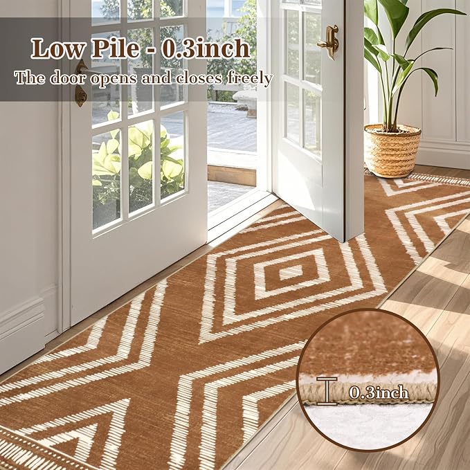 Boho Runner Rugs for Hallway 2.6x8Ft Non Slip, Brown Washable Kitchen Rug with Rubber Backing, Soft Moroccan Farmhouse Entryway Runner, Low Pile Geometric Floor Carpet for Bedroom Home Decor
