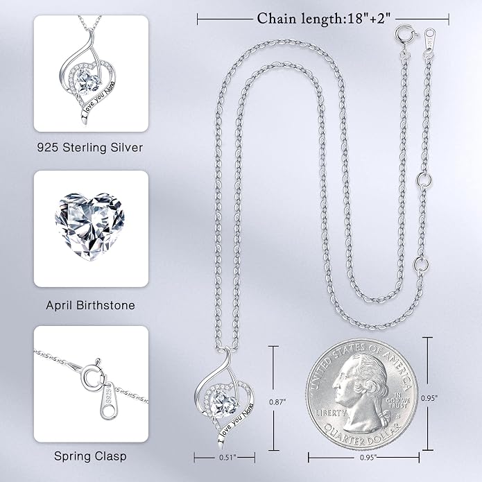 Nana Gifts Sterling Silver Heart Birthstone Necklaces, I Love You Nana Gifts for Mothers, Grandma
