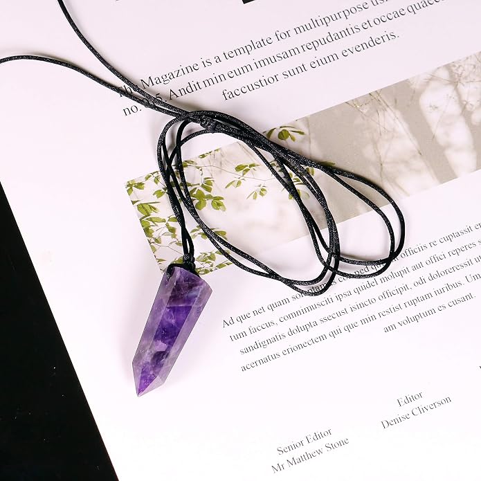 Runyangshi Healing Crystal Pendants, Single Pointed Natural Crystal Quartz Necklace 6 Faceted Chakra Crystal Wand Stone Reiki Energy