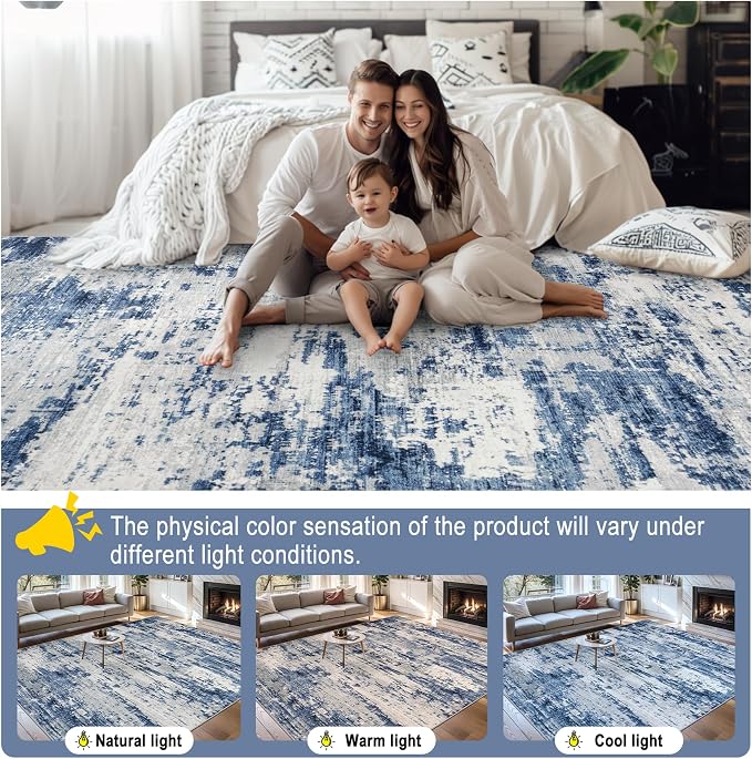 Area Rugs Living Room Rug - 4x6 Washable Modern Abstract Soft Neutral Non-Slip Carpet Large Indoor Floor Thin Carpets for Bedroom Dining Room Farmhouse Nursery Home Office Blue Gray