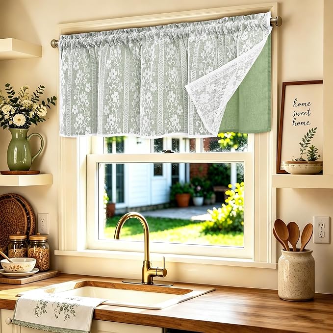 ASPMIZ Linen Valances for Windows Double Layer Valance Curtains with Lace Overlay, Sage Green Kitchen Curtains Light Filtering, Rod Pocket Window Valances for Living Room, Kitchen, Cafe, 52x18