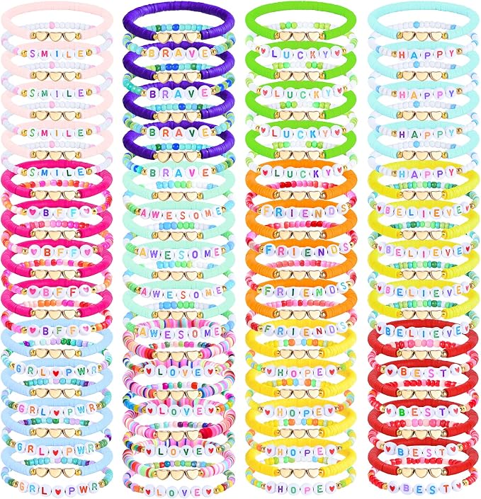 96PCS Friendship Bracelets Bulk for Women, Stackable Colorful Clay Beaded Bracelet with Heart Charms, Preppy Y2K Galentines Day Bracelets Surfer Heishi Bracelet Rainbow Matching Gifts & Party Favors