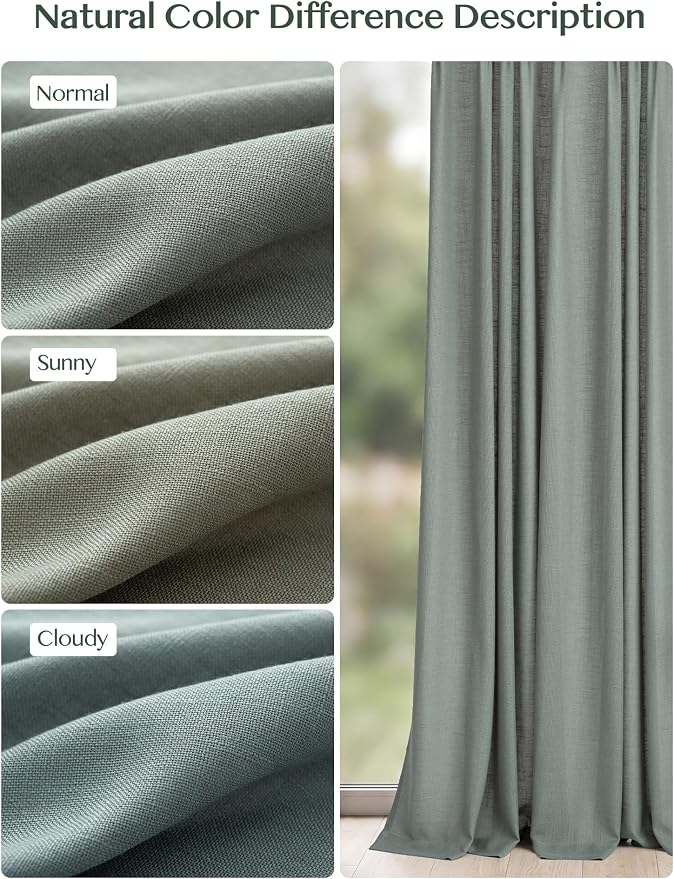 THREE GIRLS Pinch Pleated Linen Curtains 84 Inch Length 2 Panels, Light Filtering Linen Blend Drapes 40" W x 84" L, Sage Green Neutral Curtains for Living Room Bedroom with Hooks