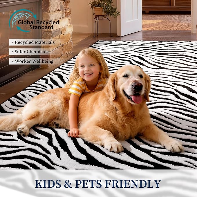YIHOUSE 4x6 Ft Zebra Area Rugs, Abstract Modern Black and White Washable Rug, Nonslip Non-Shedding Plush Soft Carpet for Living Room Dining Room Office Playroom Home Decor