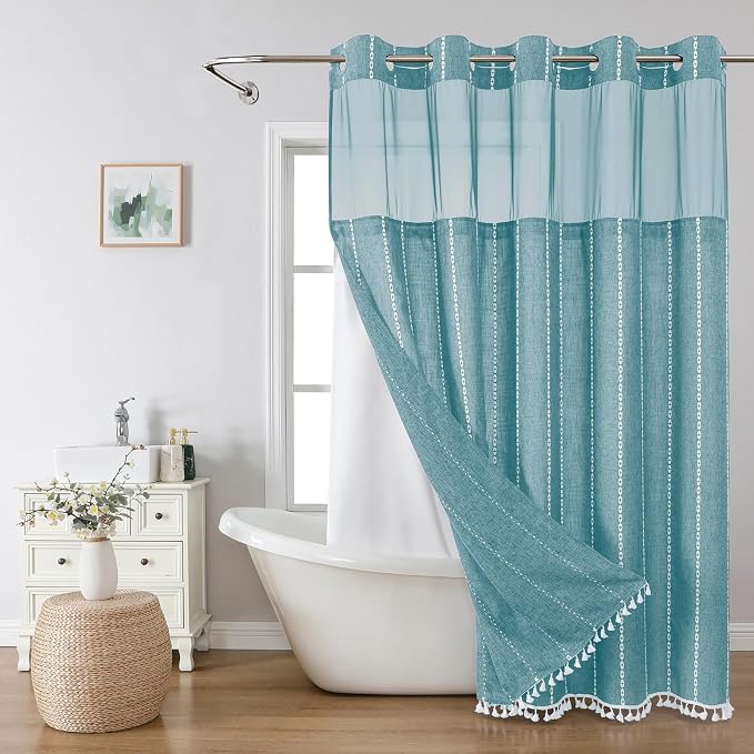 eachope Boho Farmhouse No Hook Shower Curtain Set with Snap-in Fabric Liner,Heavy-Duty Linen Textured Rustic Striped Design,Water-Repellent with Tassels and Sheer Window,Teal,71x74