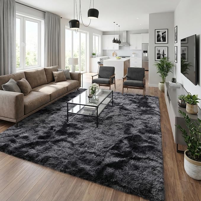 Fluffy Rugs for Living Room: Tie-dye Dark Grey Soft Shag Rug for Bedroom, Large Fuzzy Plush Indoor Floor Carpet Non Slip Modern Rug for Nursery Boys Girls Kids Room Dorms Home Decor, 9x11 Feet