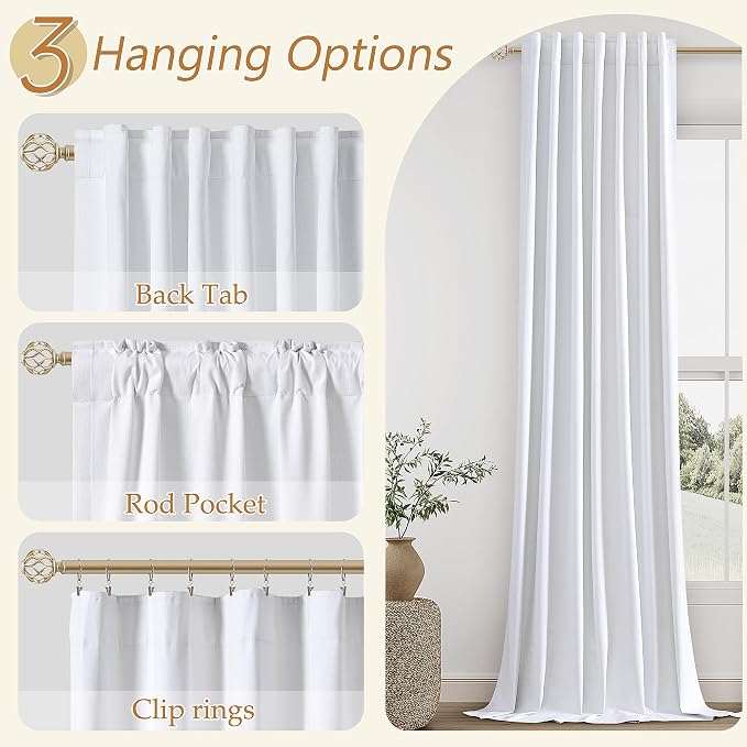 Guken White 100% Blackout Linen Curtains 52 Inch Wide by 130 Inch for Living Room Bedroom Back Tab/Rod Pocket Thermal Insulated Black Out Linen 2 Drapes Room Darkening Window Curtains,52x130