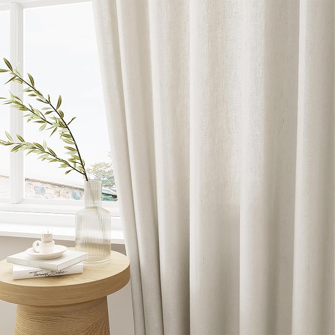 72 x 96 Inch Pinch Pleated Linen Curtains Greyish Beige Semi Sheer | Pleat Drapes, for Sliding Door Dining Bedroom Living Room Window, Curtains 96 Inch Length, 8Ft, 72x96, with Hooks Rings