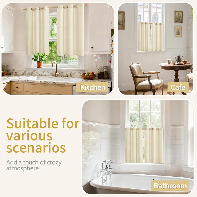 YoungsTex Warm Beige Linen Curtains 40 Inch Length, Short Light Filtering Drapes with Grommet Semi Sheer Rustic for Kitchen Bathroom Windows, 2 Panels, 42 X 40 Inch