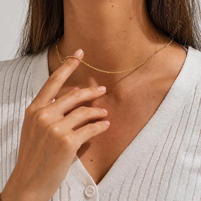 NOKMIT 14K Gold Filled Satellite Beaded Chain Neckalce for Women, Dainty 1.5mm Bead Link Choker, 16-22 Inch, Hypoallergenic, Non Tarnish, Cadenas de Oro 14K para Mujer