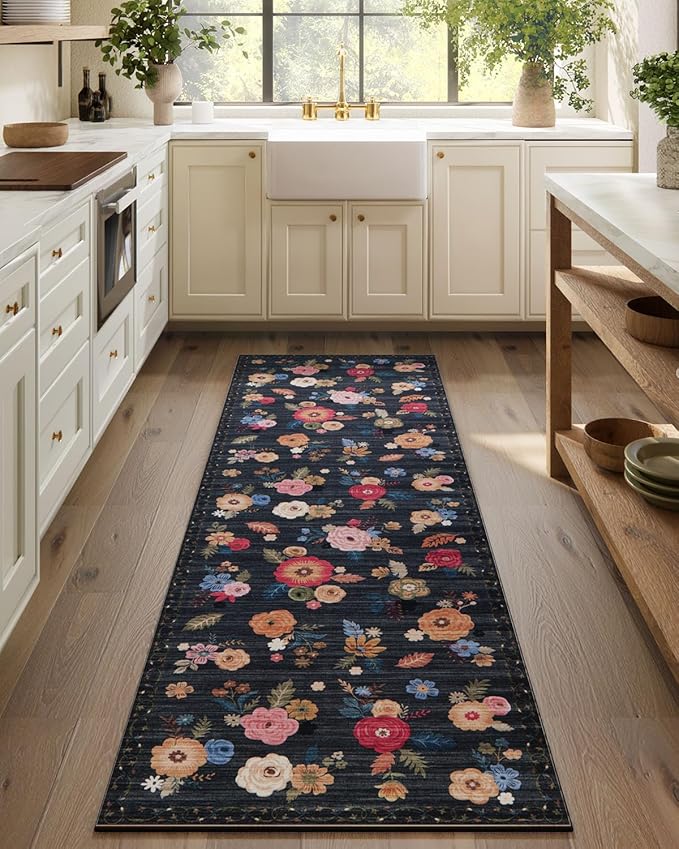 Machine Washable Rug Runners for Hallways: 2'6"x8' Kitchen Runner Rug Non Slip Low Pile Soft Faux Wool Floral Floor Rug Non Shedding Carpet Runners for Entryway Bedroom Hallway Living Room Farmhouse
