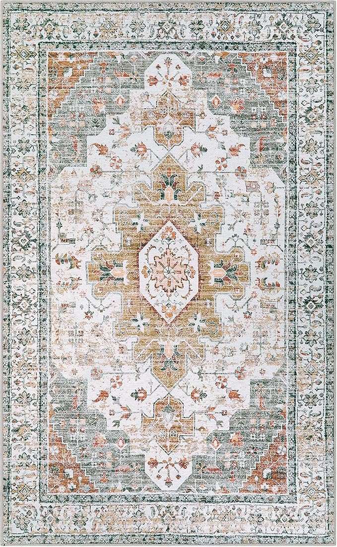 Moynesa Ultra-Thin Washable Area Rug - 3x5 Entryway Rug Washable Bedroom Rug Non Slip Front Door Mat, Vintage Medallion Printed Indoor Carpet for Living Laundry Bathroom Vanity Foyer, Beige/Gold