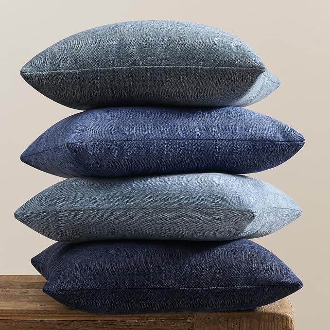 Pack of 4 Throw Pillow Covers 18x18 Inch Chenille Textured Neutral Blue Soft Pillow Covers Solid Decorative Farmhouse Cushion Covers Home Boho Decor for Couch Sofa Bed Living Room