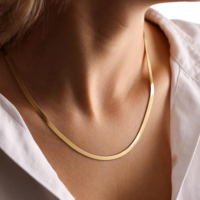 DEARMAY 14K Gold Plated Herringbone Necklaces for Women, Dainty Gold Snake Choker Chain Non Tarnish Trendy Simple Thin & Chunky Options Neckalce 1.5/3/5/6/8mm Chain Jewelry for Gifts