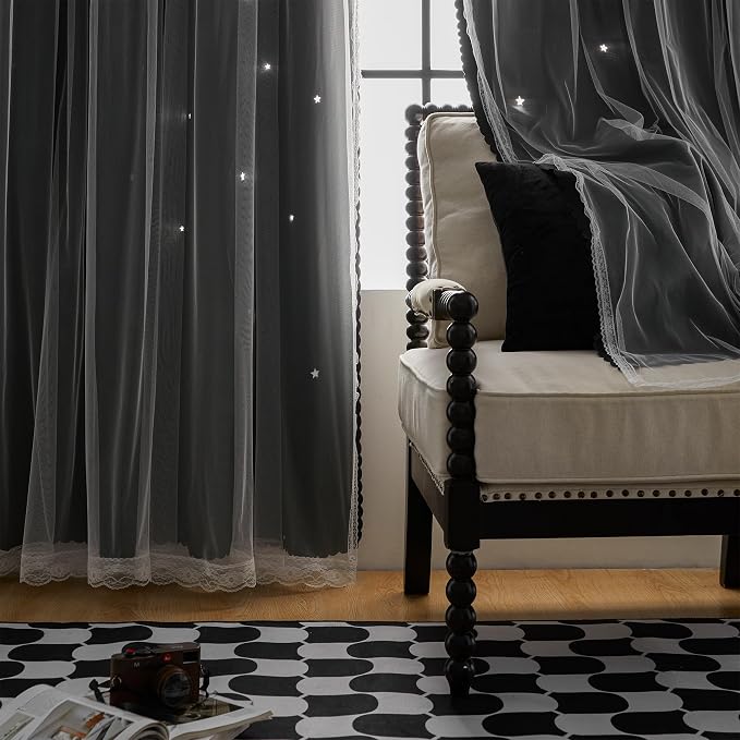 XiDi Black Curtains for Bedroom 84 Inches Long 2 Panels Set Blackout Double Layer Drapes for Nursery Kids Bedroom Star Cut Out Wall Home Decor Grommet Curtains for Living Room Darkening 34 Inch Wide