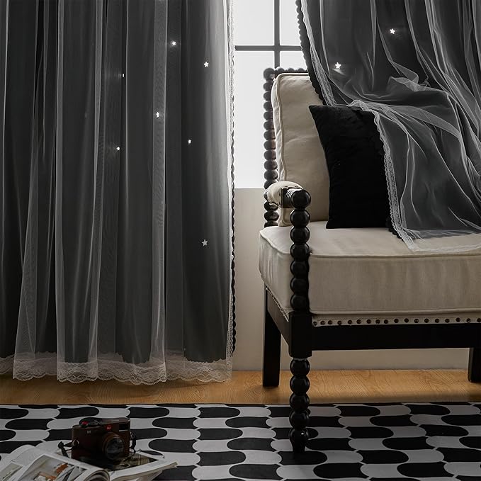 XiDi Black Out Curtains, Curtains for Girls Bedroom Decor, Unicorn Curtains for Kids Room, Black and White Curtains Blackout Curtains for Living Room 52 inches Wide 2 Panel Black