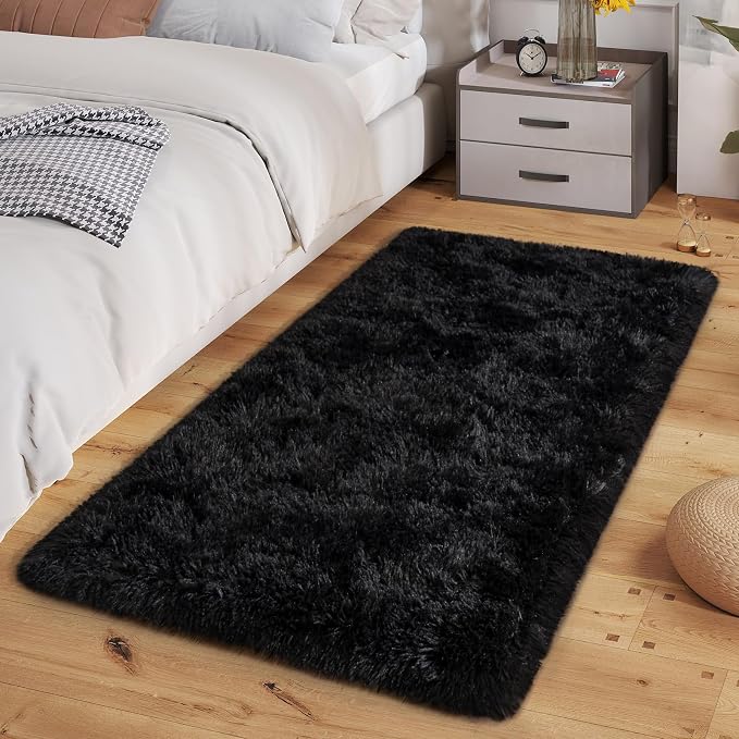 Dssimo Black Rug for Bedroom, 2x3 Small Area Rugs, | Soft Fluffy Shag Non-Slip Carpet for Kids,Girls Boys and Teens Decorations for Living Room Dorm Nursery Classroom