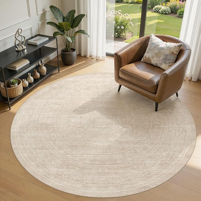 6ft Round Rug Living Room: Washable Large Vintage Neutral Area Rug Non-Slip Soft Stain Resistant Indoor Carpet for Bedroom Nursery Dining Room Under Table Bed Home House Office Playroom - Beige