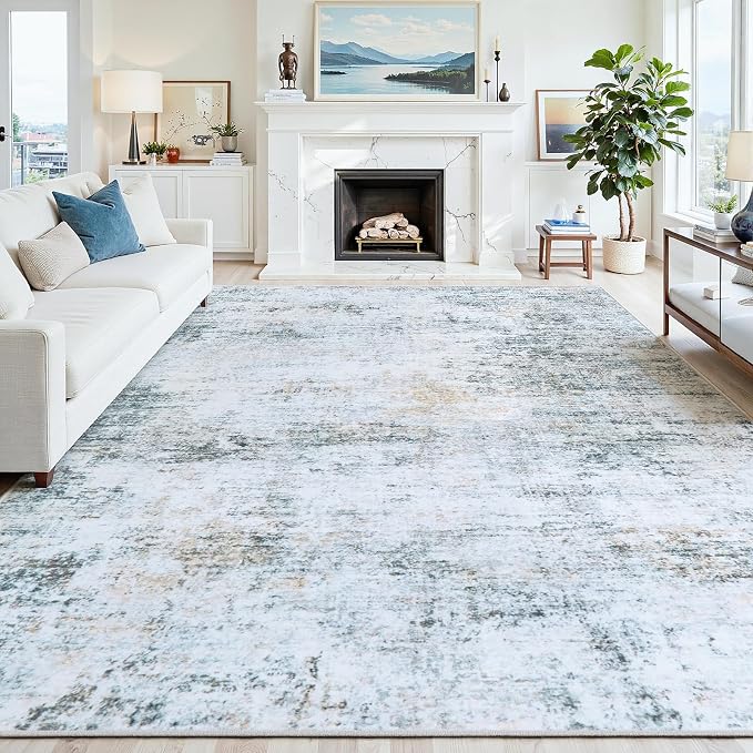 10x14 Area Rugs Washable Rug: Anti-Skid Abstract Modern Living Room Rug Soft Thin Carpets Indoor Floor Non-Shedding Carpet for Bedroom Dining Nursery Home Office (Blue/Grey/Gold/White,10'x14')