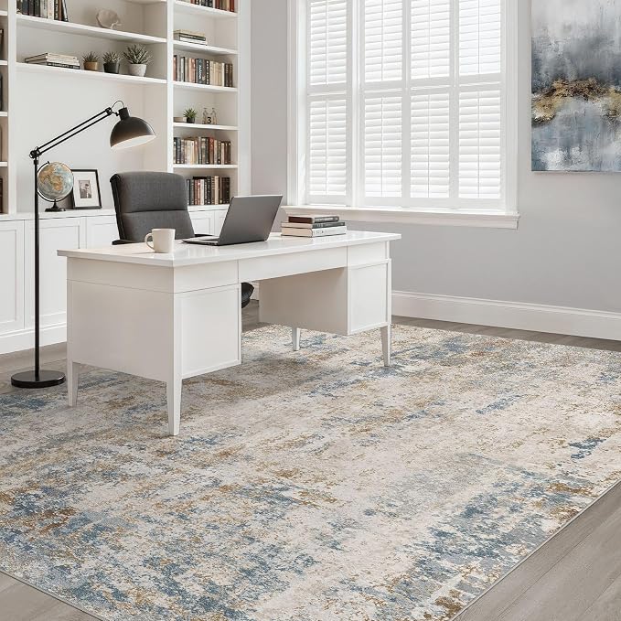 7x9 Area Rug Living Room: Washable Large Neutral Rug Abstract Soft Modern Stain Resistant Indoor Floor Non-Slip Carpet for Bedroom Nursery Kids Office Playroom Dining Room Under Table- Blue Brown