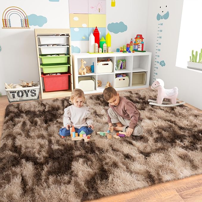 Dssimo Brown Rug for Bedroom Living Room, 4x6 Soft Shaggy Area Rugs | Plush Furry Non-Slip Brown and Cream Rug for Nursery Kids Room Dorm Room Home Decor, Indoor Plush Floor Carpet