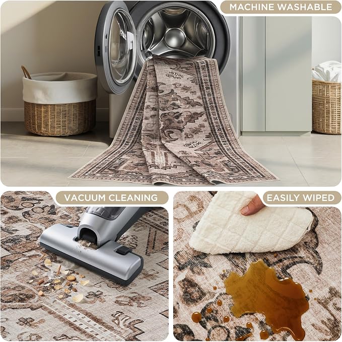 Joydeco 5x7 Area Rugs for Living Room, Machine Washable Vintage Area Rugs, Low Pile Non Slip Carpet, Lightweight Chenille Print Rug for Bedroom, Dining Room, Home Office, Light Coffee