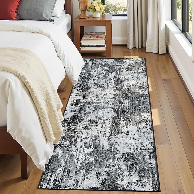 RELEANY Washable Area Rugs 2'x6' Non-Slip Modern Abstract Soft for Living Room Entryway Bedroom Kitchen, Print Pattern, Black Navy Blue Gray