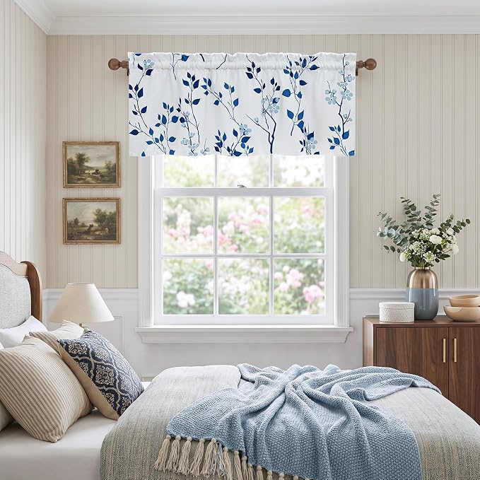 Beauoop Floral Valance Curtains for Kitchen Navy Blue 52X18 Inch 1 Panel | Flower Patterned Navy White Blackout Short Curtains for Living Room Bedroom Cafe Thermal Small Window Curtains Rod Pocket