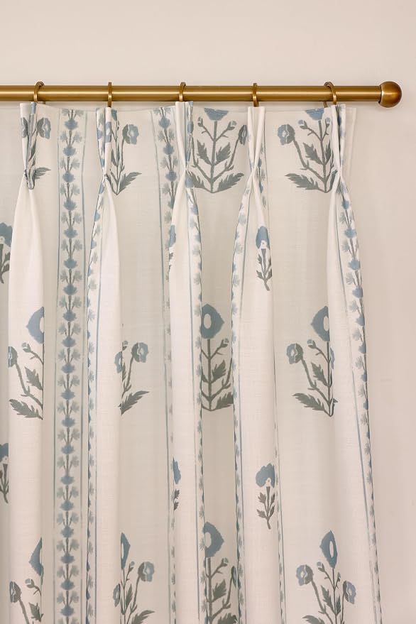DrapePalette - Linen Blend Pinch Pleated Curtains 102 Inches Long for Living Room, Bedroom, Dining Room, Light Filtering Curtains 1 Panel Set, Modern Floral Printed Design, Antique White 52" W x 102"L