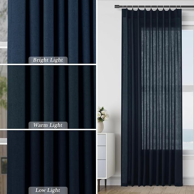 Navy Blue Pleated Linen Curtains 96 Inches Long for Living Room 2 Panel Set Semi Sheer Light Filtering Pinch Pleat with Hooks Back Tab Drapes Neutral Boho 96 Inch Curtain for Bedroom Window 40x96