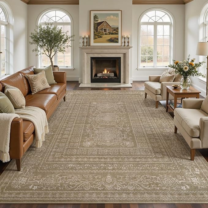 Nakagishi 7x10 Area Rugs Living Room: Washable Large Vintage Rug Neutral Non-Slip Soft Stain Resistant Indoor Carpet for Bedroom Nursery Dining Room Office Playroom - Dark Brown