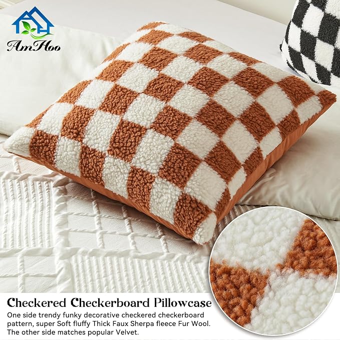 AmHoo Pack of 2 Decorative Throw Pillow Covers Checkerboard Luxury Super Soft Faux Fur Wool Set Case Cushion for Couch Sofa Bedroom 26 x 26-Inch Burnt Orange